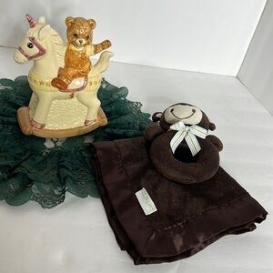 CARTER’S CHOCOLATE BROWN RING RATTLE AND SMALL SECURITY BLANKET AND CERAMIC BEAR